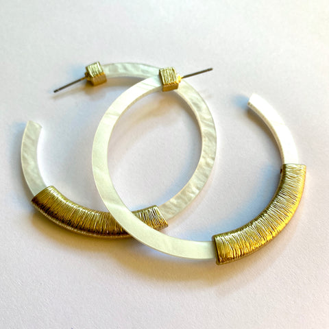 GOLD WRAPPED WHITE LUCITE OPEN HOOP EARRINGS