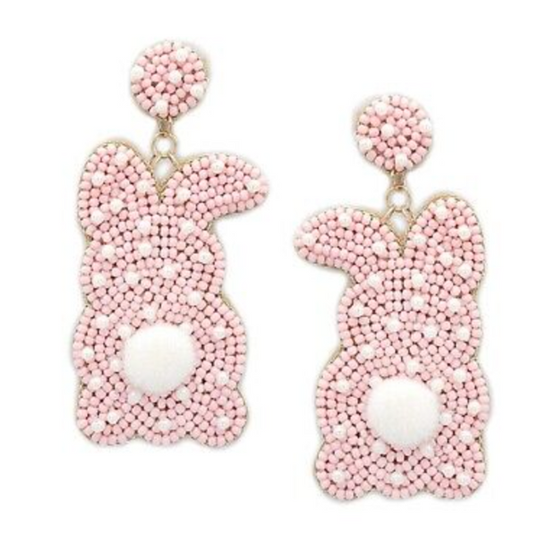 PINK EASTER BUNNY COTTON TAIL SEED BEAD EARRINGS