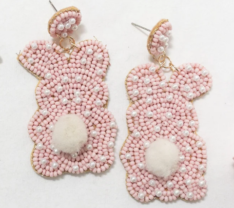 PINK EASTER BUNNY COTTON TAIL SEED BEAD EARRINGS